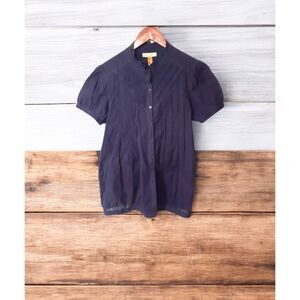 Andrew & Co Women's Pleated Shirt Short Sleeve Button Up Navy Blue Size S
